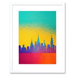 "Artery8 Wall Art Print Bright Colourful Abstract New York Skyline Cityscape Yellow Blue Coral Turquoise Artwork Framed 9X7 Inch - Size: W7"" x H9""" - thumbnail 1