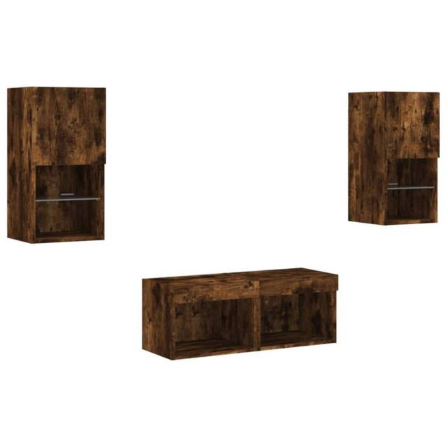Berkfield Home Decorative 4 Piece TV Wall Cabinets with LED Lights Smoked Oak in Brown - image 1