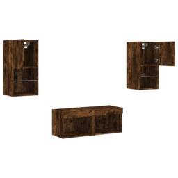 Berkfield Home Decorative 4 Piece TV Wall Cabinets with LED Lights Smoked Oak in Brown - thumbnail 6