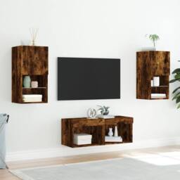 Berkfield Home Decorative 4 Piece TV Wall Cabinets with LED Lights Smoked Oak in Brown - thumbnail 4