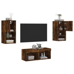 Berkfield Home Decorative 4 Piece TV Wall Cabinets with LED Lights Smoked Oak in Brown - thumbnail 5