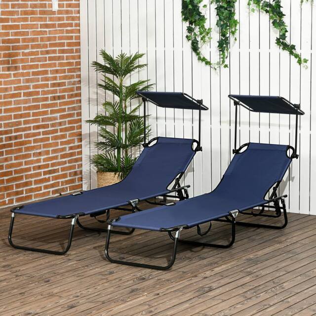 OUTSUNNY 2 Piece Folding Sun Loungers with Adjustable Backrest, Dark Blue - image 1