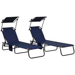 OUTSUNNY 2 Piece Folding Sun Loungers with Adjustable Backrest, Dark Blue - thumbnail 2