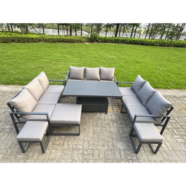 Fimous Aluminum Modern Patio Conversation Set with Lifting Table, 3 Footstools in Dark Grey - image 1