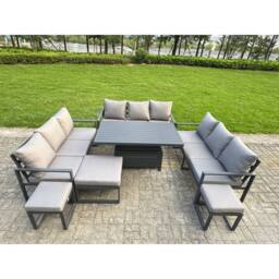 Fimous Aluminum Modern Patio Conversation Set with Lifting Table, 3 Footstools in Dark Grey - thumbnail 1