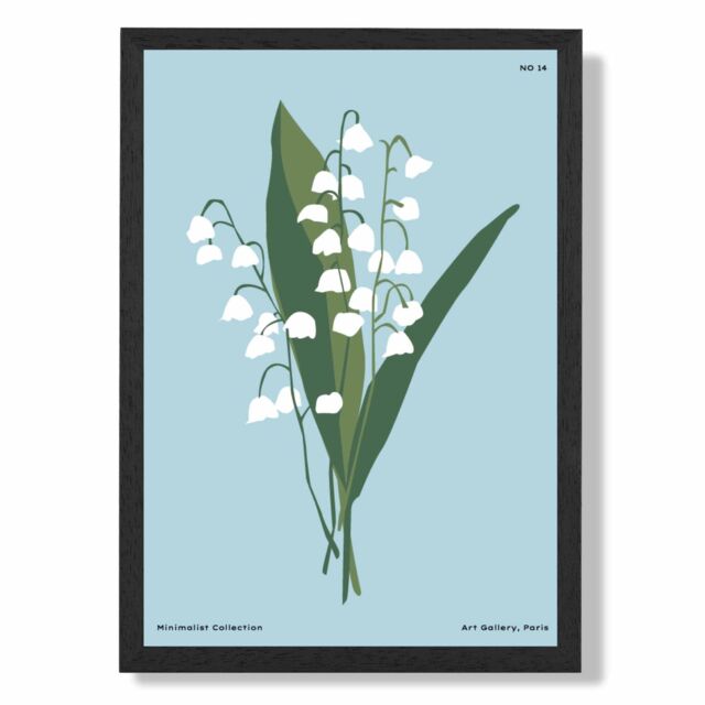 ARTZE Blue lilly of the Valley Flower Market Minimalist Framed Print SIZE: A3 with Black Frame in Mid Blue - Size: A4 - image 1
