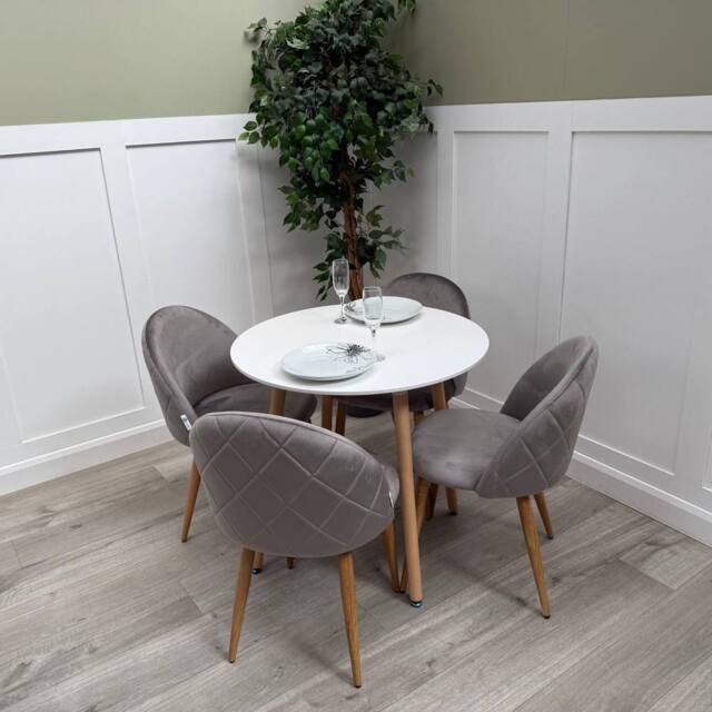 Life Interiors Lucia Dining Set Round White Table + 4 Velvet Dining Chairs in Grey - image 1