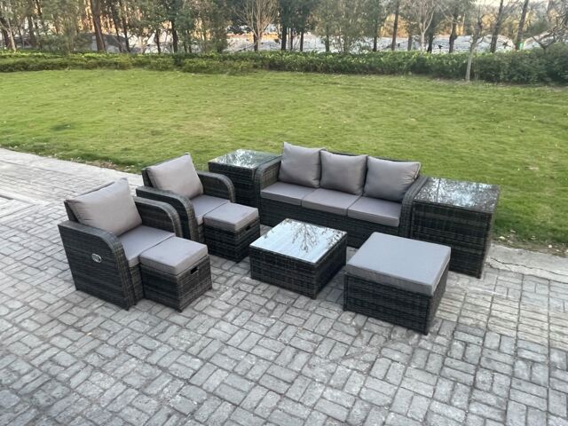 Fimous Patio Garden Furniture Sets Wicker 8 Seater Outdoor Rattan Furniture Sofa Sets with 2 Side Tables 3 Footstools in Dark Grey - image 1