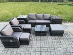 Fimous Patio Garden Furniture Sets Wicker 8 Seater Outdoor Rattan Furniture Sofa Sets with 2 Side Tables 3 Footstools in Dark Grey - thumbnail 2