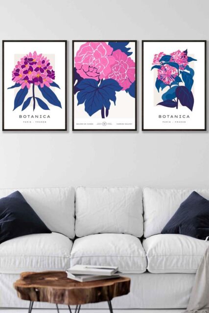 ARTZE Set of 3 Black Framed Pink & Navy Blue Flower Market Posies Wall Art - Size: W33 cm x H45 cm x D20mm - image 1