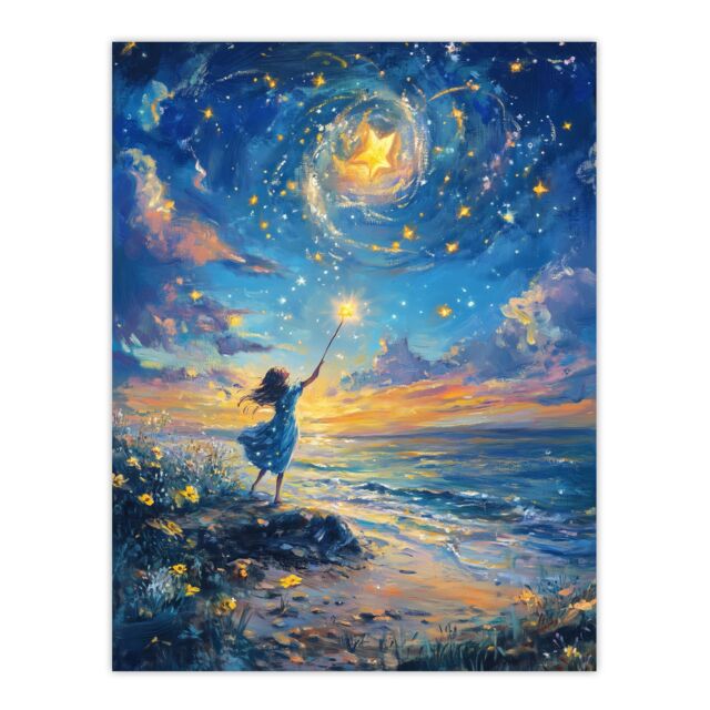 "Artery8 Wish Upon A Star Magical Sky Beach Fantasy Art Wall Art Print in Blue - Size: W18"" x H24""" - image 1