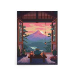 "Artery8 Japanese Tea House Mount Fuji Sunset View Canvas Wall Art Print in Pink - Size: W24"" x H32""" - thumbnail 1