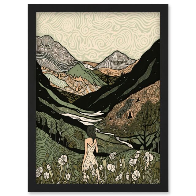 Artery8 Woman in Flower Field in Scottish Hill Landscape Artwork Framed Wall Art Print A4 in Black - image 1