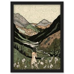 Artery8 Woman in Flower Field in Scottish Hill Landscape Artwork Framed Wall Art Print A4 in Black - thumbnail 1