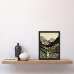 Artery8 Woman in Flower Field in Scottish Hill Landscape Artwork Framed Wall Art Print A4 in Black - thumbnail 2