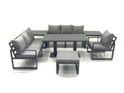 Fimous Outdoor Garden Furniture Set Aluminium Lounge Sofa Adjustable Rising Lifting Dining Table Sets with Big Footstool 2 Side Tables Dark Grey - thumbnail 1