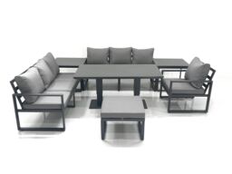 Fimous Outdoor Garden Furniture Set Aluminium Lounge Sofa Adjustable Rising Lifting Dining Table Sets with Big Footstool 2 Side Tables Dark Grey - thumbnail 2
