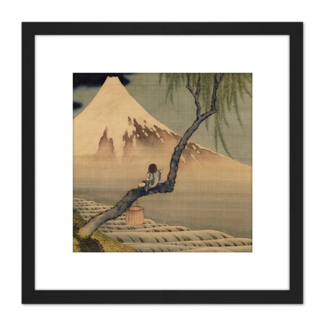 Artery8 Hokusai Boy Viewing Mount Fuji 8X8 Inch Square Wooden Framed Wall Art Print Picture with Mount in Black - image 1