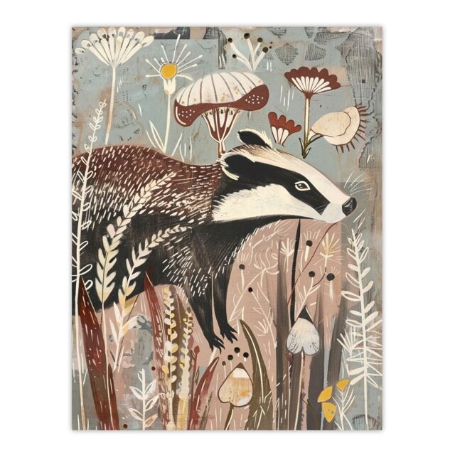 "Artery8 Rustic Woodland Badger Artwork Forest Wildflowers Wall Art Print in Brown - Size: W24"" x H32""" - image 1