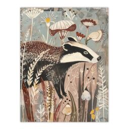 "Artery8 Rustic Woodland Badger Artwork Forest Wildflowers Wall Art Print in Brown - Size: W24"" x H32""" - thumbnail 1
