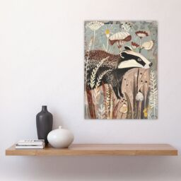 "Artery8 Rustic Woodland Badger Artwork Forest Wildflowers Wall Art Print in Brown - Size: W24"" x H32""" - thumbnail 4