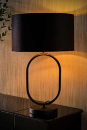 ValueLights Antonia Black Velvet & Gold Drum Shade Matte Black Oval Table Lamp - thumbnail 2