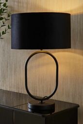 ValueLights Antonia Black Velvet & Gold Drum Shade Matte Black Oval Table Lamp