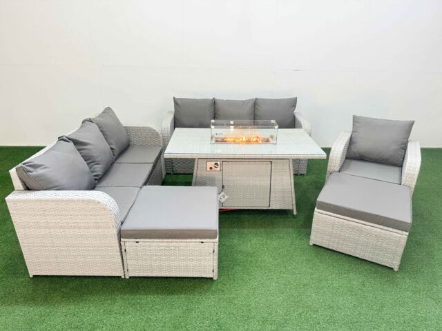 Fimous 9 Seater Poly Rattan Outdoor Garden Furniture Firepit Dining Table Sofa Set Patio 3 Seater Sofa Reclining Chair 3 Seater Sofa 2 Big Footstools - image 1