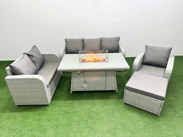 Fimous Patio PE Wicker 7 Seater Outdoor Rattan Furniture Sofa Sets w/ Firepit Dining Table Reclining Chair Loveseat Sofa 3 Seater Sofa Big Footstool - image 1
