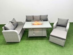 Fimous Patio PE Wicker 7 Seater Outdoor Rattan Furniture Sofa Sets w/ Firepit Dining Table Reclining Chair Loveseat Sofa 3 Seater Sofa Big Footstool - thumbnail 1