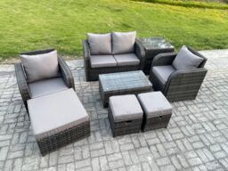 Fimous Wicker PE Rattan Outdoor Furniture Set Garden Love Sofa Coffee Table 2 Armchair 3 Footstools Side Table Dark Grey Mixed - thumbnail 2