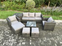 8 Seater Wicker Rattan Garden Furniture Sofa Set with Side Table Armchair Square Coffee Table Dark Grey Mixed