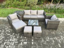 Fimous 8 Seater Wicker Rattan Garden Furniture Sofa Set with Side Table Armchair Square Coffee Table Dark Grey Mixed - thumbnail 2
