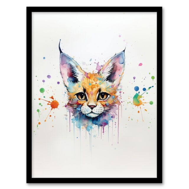 "Artery8 Wall Art Print Serval Cat Lovers Gift Watercolour Pet Portrait Painting Artwork Art Framed - Size: W12"" x H16""" - image 1