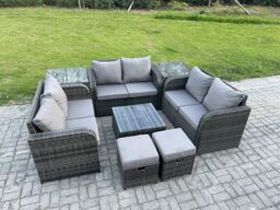 Fimous 8 Seater Outdoor Garden Furniture Sets Wicker Rattan Furniture Sofa Sets w/ Square Coffee Table Love seat Sofa 2 Small Footstools Side Tables - thumbnail 2