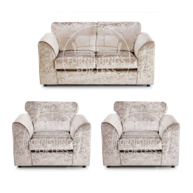 Furnishings For Less UK Crystal Crushed Velvet 4 Seater 3 Piece Sofa Suite - 3, 2 & Armchair Seater Full Back in Beige - image 1