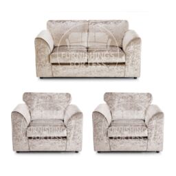 Furnishings For Less UK Crystal Crushed Velvet 4 Seater 3 Piece Sofa Suite - 3, 2 & Armchair Seater Full Back in Beige