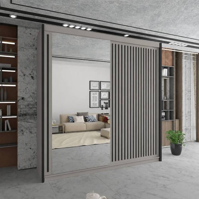 Sliding Wardrobes 4U Sleek Sliding Mirror Wardrobe with LED Various Sizes W150cm x H217cm in Taupe - image 1