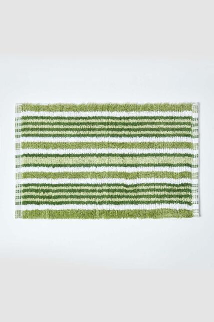Homescapes Handloomed Striped Cotton Bath Mat in Green - image 1
