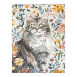 "Artery8 Cat Lover Maine Coon Boho Floral Pet Portrait Wall Art Print - Size: W24"" x H32""" - thumbnail 1