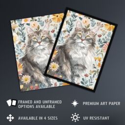 "Artery8 Cat Lover Maine Coon Boho Floral Pet Portrait Wall Art Print - Size: W24"" x H32""" - thumbnail 2