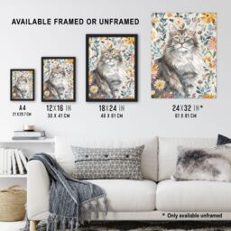 "Artery8 Cat Lover Maine Coon Boho Floral Pet Portrait Wall Art Print - Size: W24"" x H32""" - thumbnail 3