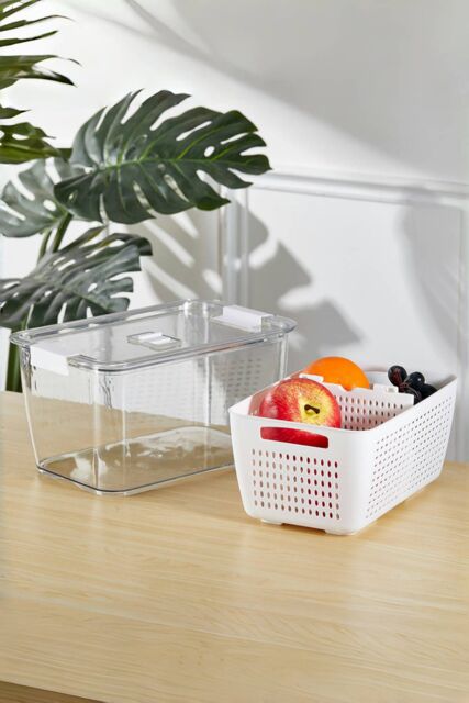 Living and Home 2 Layer 1.7L Fridge Drain Storage Basket 2-Grid Box Food Fruit Vegetable Container with Lid, Detachable Divider in White - image 1