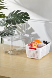 Living and Home 2 Layer 1.7L Fridge Drain Storage Basket 2-Grid Box Food Fruit Vegetable Container with Lid, Detachable Divider in White