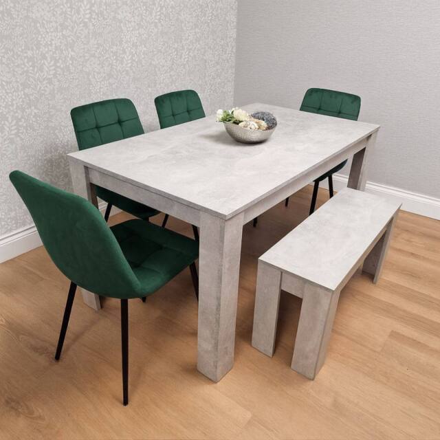 KOSY KOALA Modern Stone Grey Effect Set with 4 Green Velvet Chairs & Bench - image 1