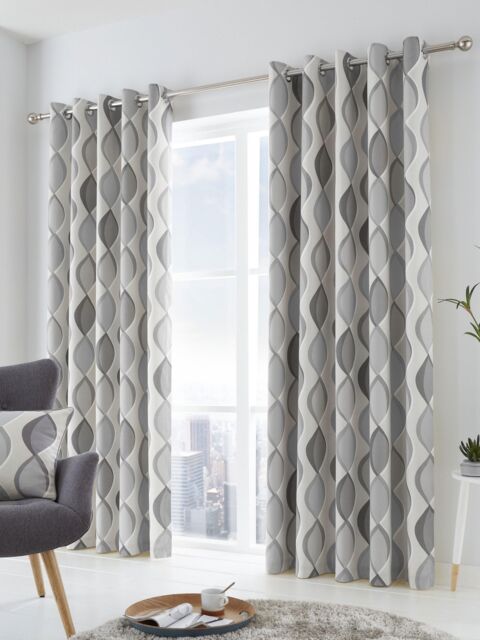 Fusion 'Lennox' Modern Geo Print Eyelet Curtains in Grey - Size: 117 cm width x 137 cm drop - image 1