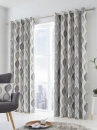 Fusion 'Lennox' Modern Geo Print Eyelet Curtains in Grey - Size: 117 cm width x 137 cm drop