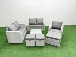 Fimous High Back Poly Rattan Garden Furniture Set with Reclining Chair Loveseat Sofa Square Coffee Table Indoor Outdoor Patio Set 3 Stools Light Grey - thumbnail 1
