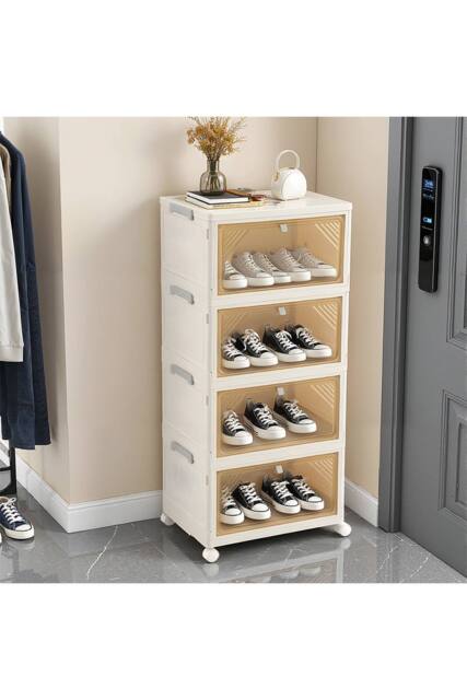Living and Home 4-Tier Foldable Shoe Cabinet with Wheels Rolling Storage Box in Cream - Size: Medium - image 1