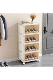 Living and Home 4-Tier Foldable Shoe Cabinet with Wheels Rolling Storage Box in Cream - Size: Medium - thumbnail 3